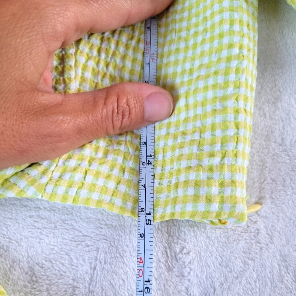 💕 Zara NEW Lime Yellow Gingham Plaid Crop Bubble Sleeves Checkered Knot Zipper - Picture 14 of 15